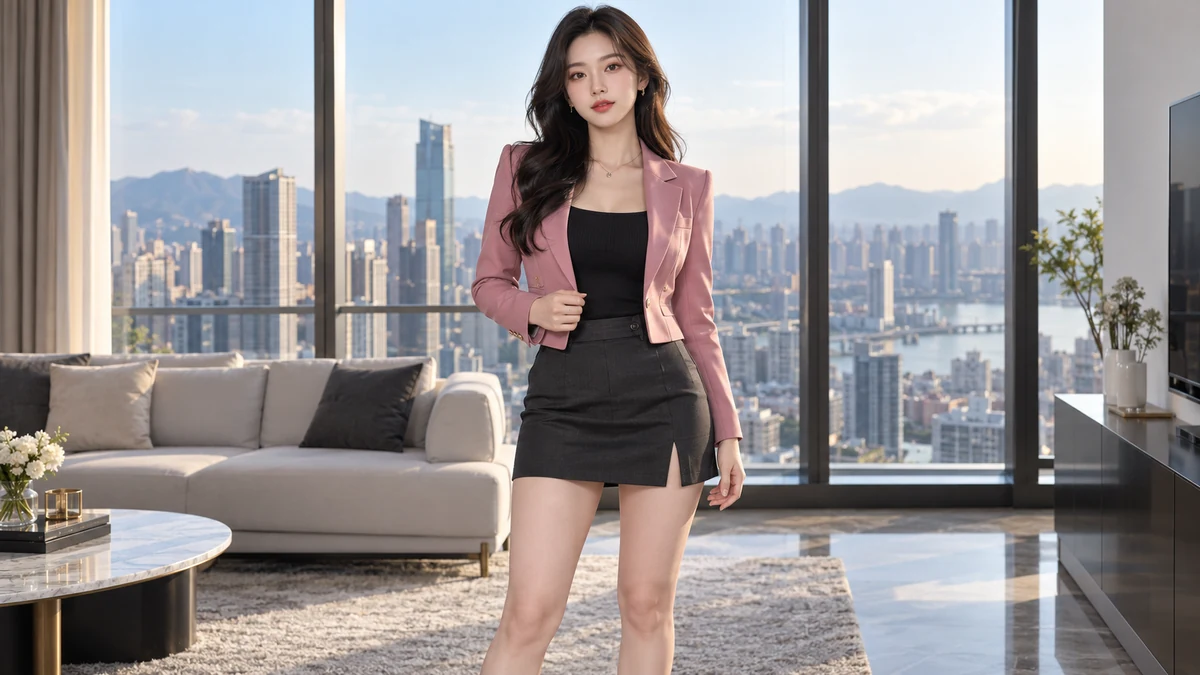 成年女子穿玫粉短外套与黑色短裙站在有城市窗景的客厅
