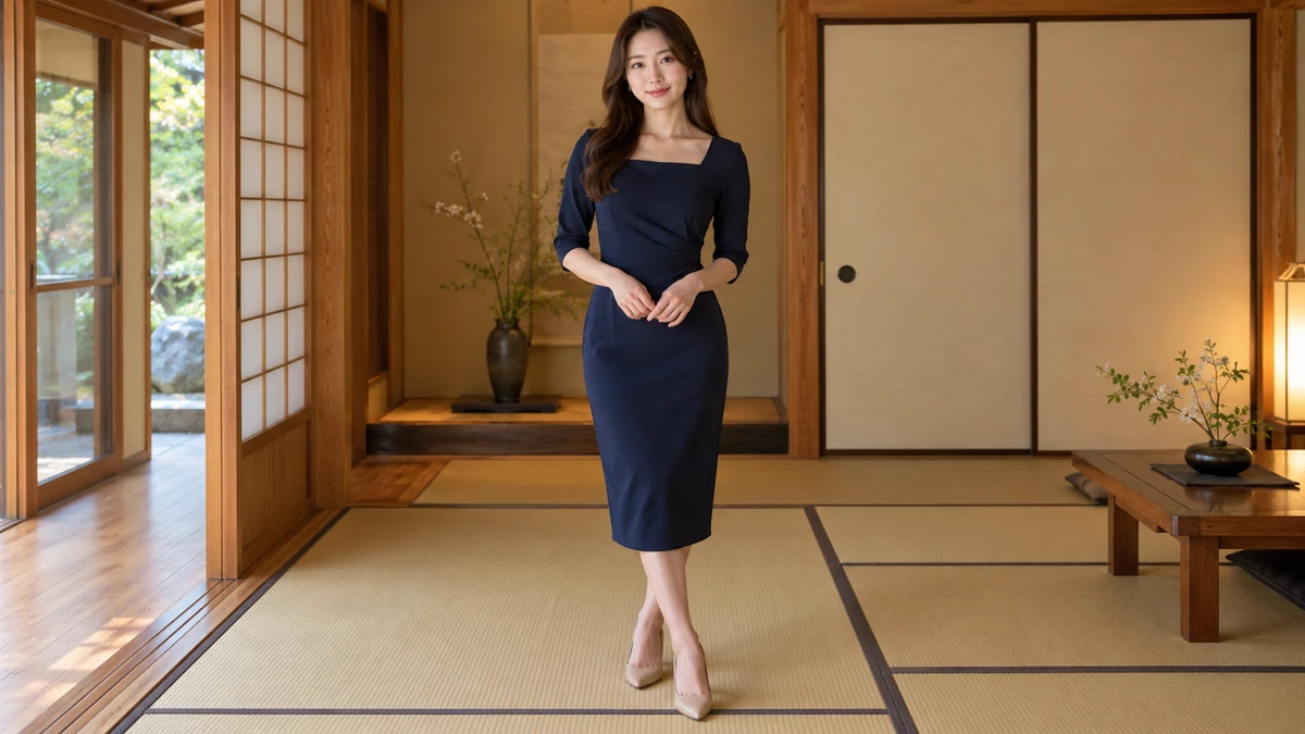 成年女子穿深蓝连衣裙站在木色和室与榻榻米中央