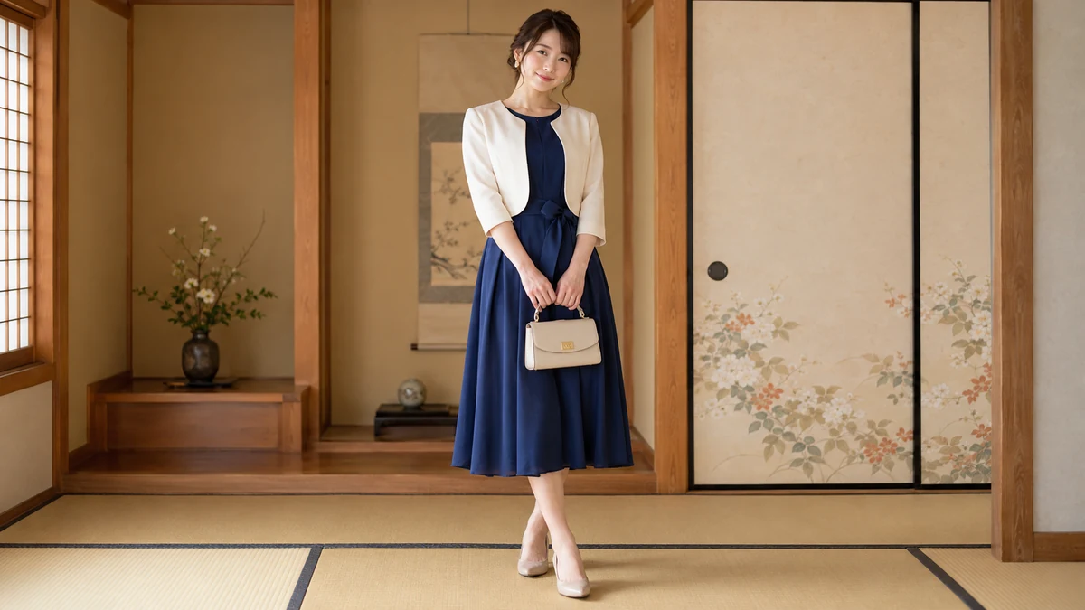 成年女子穿深蓝连衣裙和浅色短外套站在木色和室里