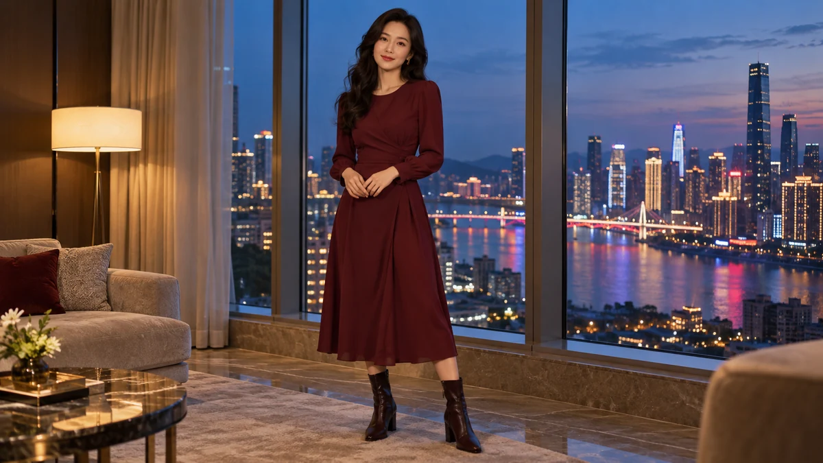 成年女子穿酒红连衣裙与深色长靴站在高层城市夜景窗前